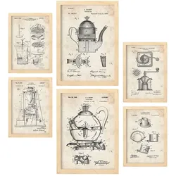 POSTER Set Mit 6 Mit Kaffeemaschine Patenten Im Vintage Stil A3 & A4 Rahmen Aus Hellem Holz