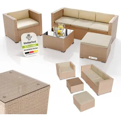Juskys Polyrattan Lounge Punta Cana L creme, 4-5 Personen – Sessel, Sofa, Tisch & Hocker
