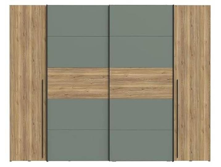 AVANTI TRENDSTORE - Fahda - Kleiderschrank aus laminiertem Holz in der Farbe Eiche / Salbei mit Drehtüren und Schiebetüren, innen mit Kleiderstange und Einlegeböden. Maße LAP: 270,3 x 210 x 61,2 cm