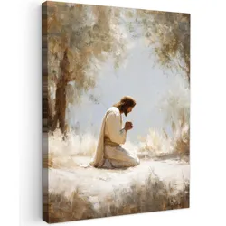 LEINWANDBILD Jesus - Kniend - Waldlandschaft - Betend Room Decor 30x40 cm