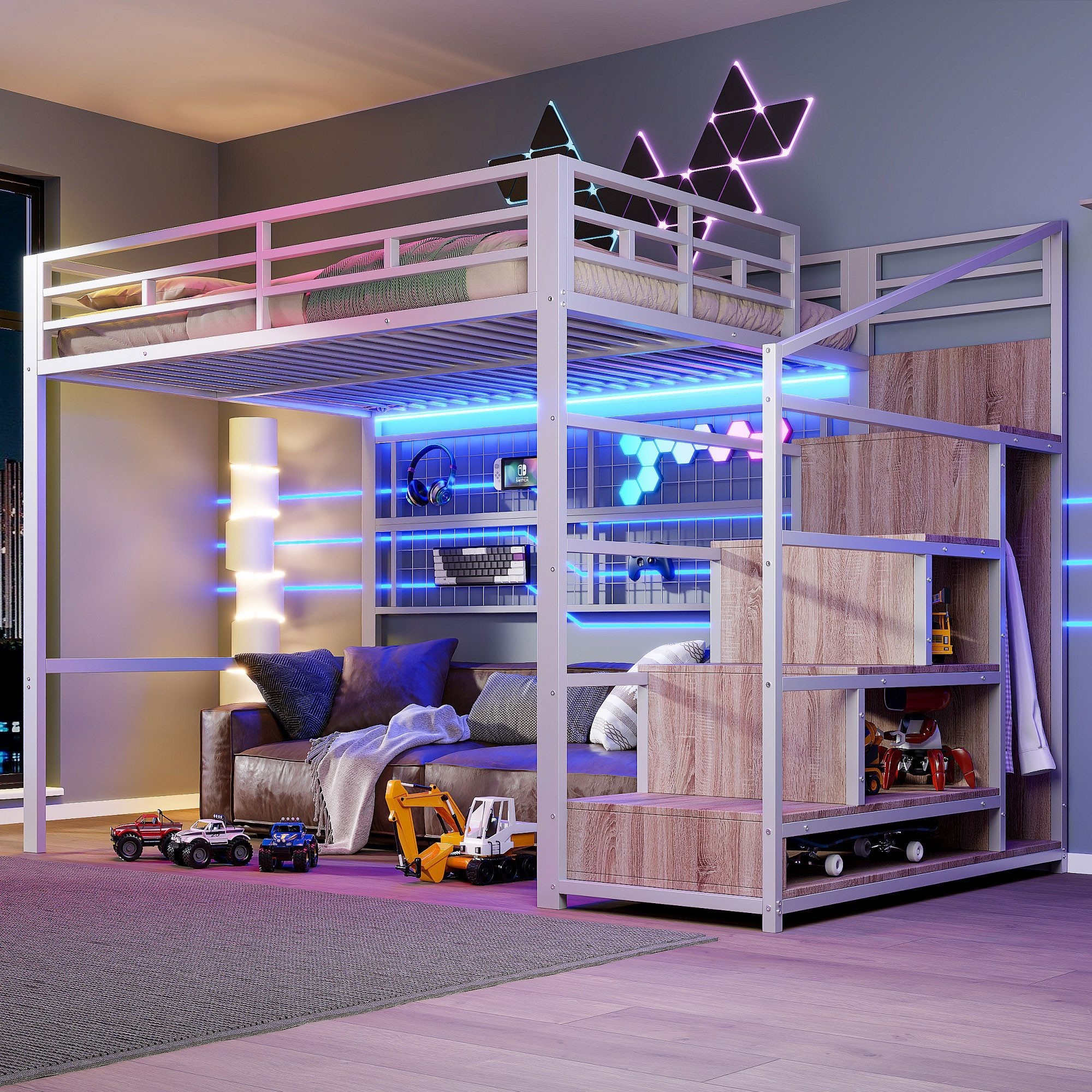 Odikalo Hochbett Jugendbett Metallbett Kinderbett mit Kleiderschrank 140x200cm Weiss