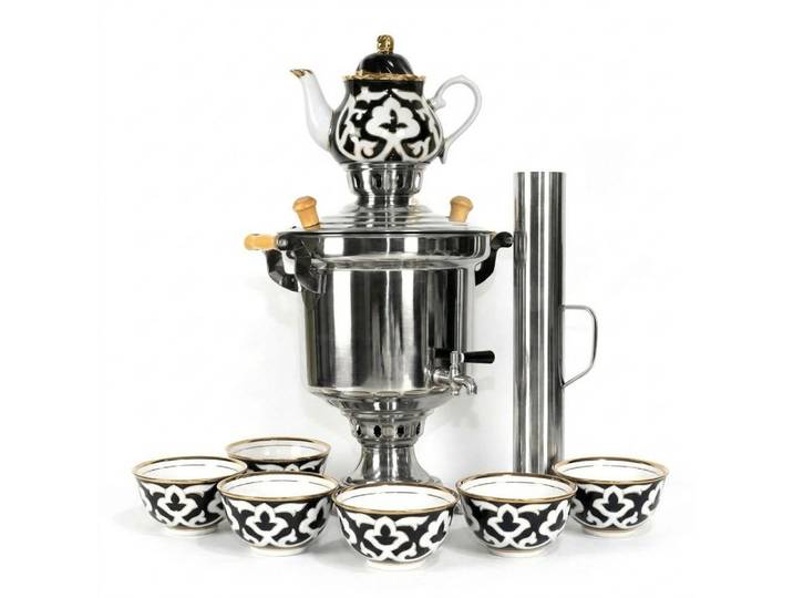 BIG-PAN Wasserkessel Samowar 5 L Samovar Edelstahl Schornstein Teeservice Pahta Usbekisch, Edelstahl (Holzfeuer-Samovar Usbekisch, Teekocher Teemaschine), Tea Maker with Chimney