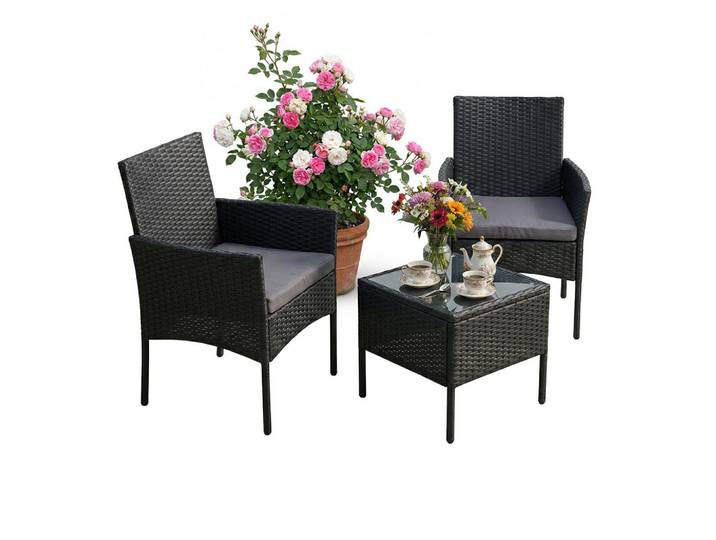 Relaxdays Gartenmöbelset Schwarz 3-tlg.-Set, Kunststoff, Metall, Glas, Gartenmöbel, Gartengarnituren, Balkonmöbel-Sets