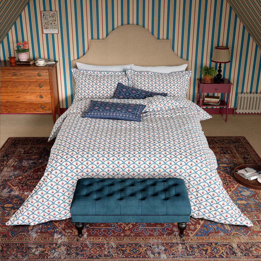 JOULES Floral Scallop Cotton Duvet Cover Set Blue Single Duvet Cover + 1 Pillowcase