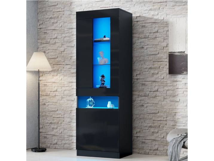 VUENOR vitrine LED noire 50 x 40 x 180 cm avec 2 étagères en verre et rangement fermé