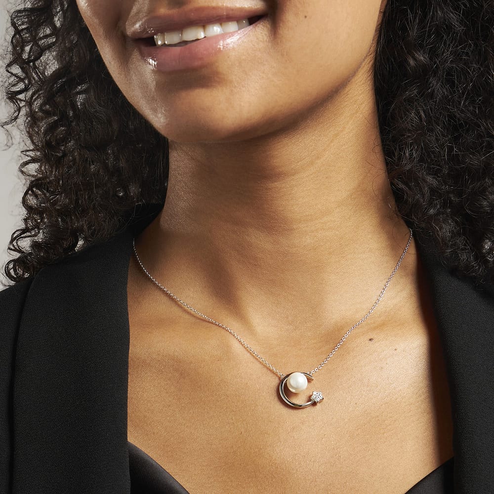 Collier Cleor En Argent 925/1000, Perle De Culture Blanche Et Oxyde Forme D'Etoile Femme