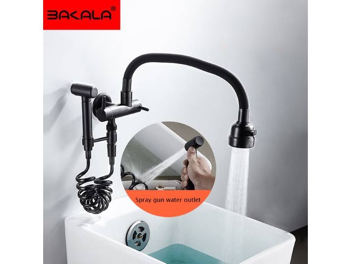 Robinet de cuisine mural noir BAKALA à eau froide, mitigeur mural pour évier de cuisine, flexible et pivotant à 360 degrés