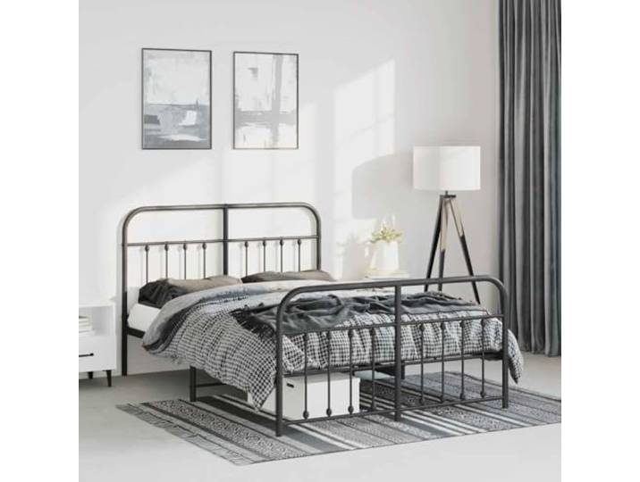 RJPLMFV Bettgestell, Metall, 150 x 200 cm, Schwarz Pulverbeschichteter Stahl, Metalllatten, Unterbettaufbewahrung, Kopfteil inklusive