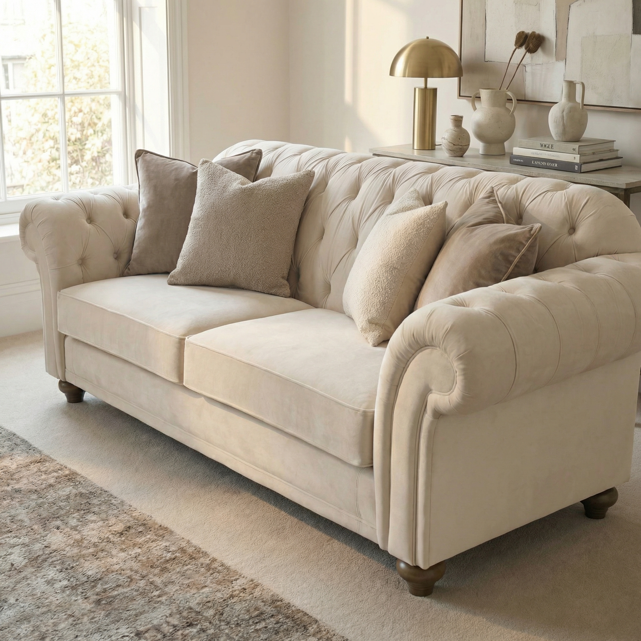 Sofa Style Chesterfield 3 Seat Velvet Sofa in Cream