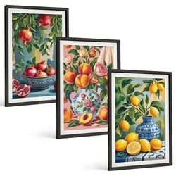 BILDER SET 3er Set - 40x60 cm Schwarzer Rahmen - Fruchtzusammensetzung von Granatäpfeln