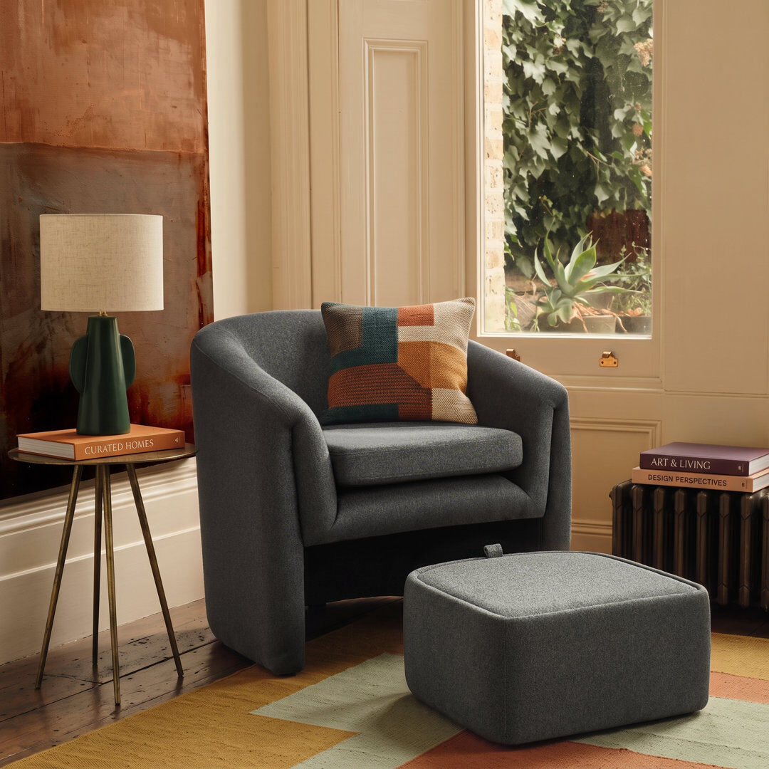 Ophelia & Co. Yeomans Modern Upholstered Versatile Barrel Chair With Removable Leg Storage Ottoman Charcoal 77.47cm H X 81.28cm W X 73.66cm D