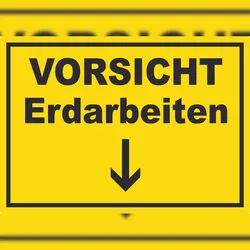 HB-Druck Vorsicht Erdarbeiten mit Richtungspfeil unten Aufkleber A8 (52x74mm)