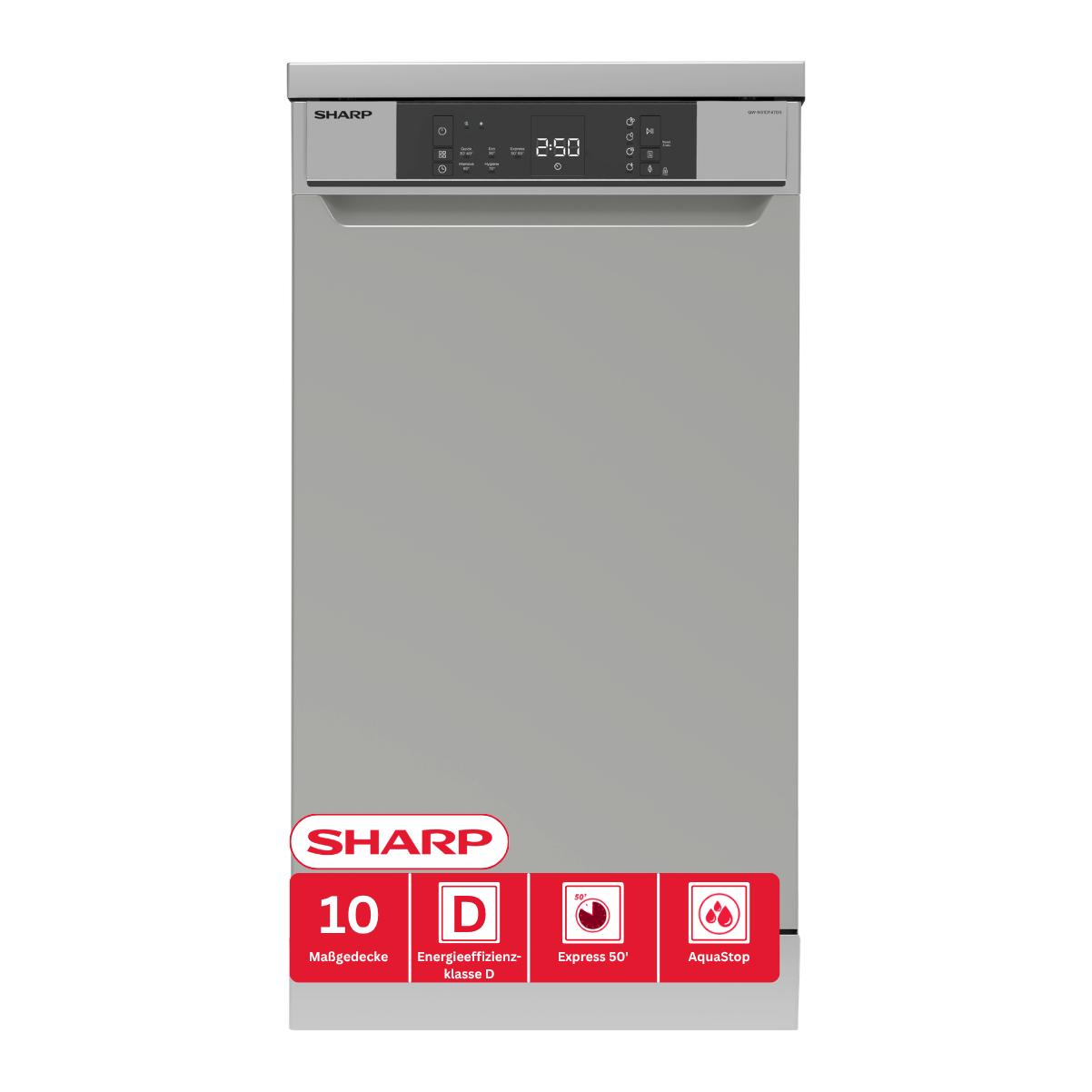 SHARP QW-NS1DF47DS-DE Freistehender Geschirrspüler (45cm), (10 Gedecke, EEK D), (5 Programme, AquaStop), Silber
