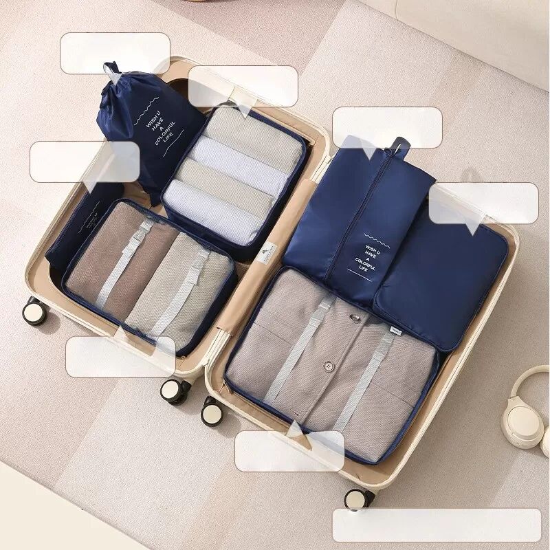 INF 7-teiliges Reise-Toilettenartikel- & Kosmetik-Organizer-Set - Gepäck-Packwürfel Navy blau