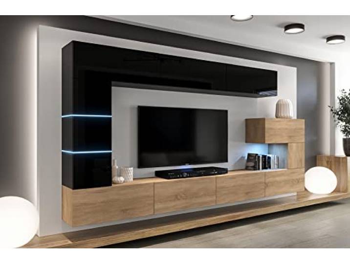 Furnitech Wohnwand Wohnzimmer - Möbel mit LED Blau - Hängend Wohnwand Modern - Schrankwand mit Regale und TV Schrank (AN89NEW-21BS-HGM23)