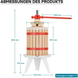 Wiltec Obstpresse 6L mit 3x Presstuch Maischepresse Weinpresse Saftpresse, Entsafter, Braun, Rot