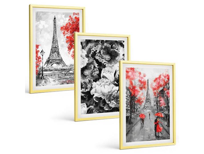 BILDER SET 3er Set - 40x60 cm Goldrahmen - graue Gemälde des Eiffelturms