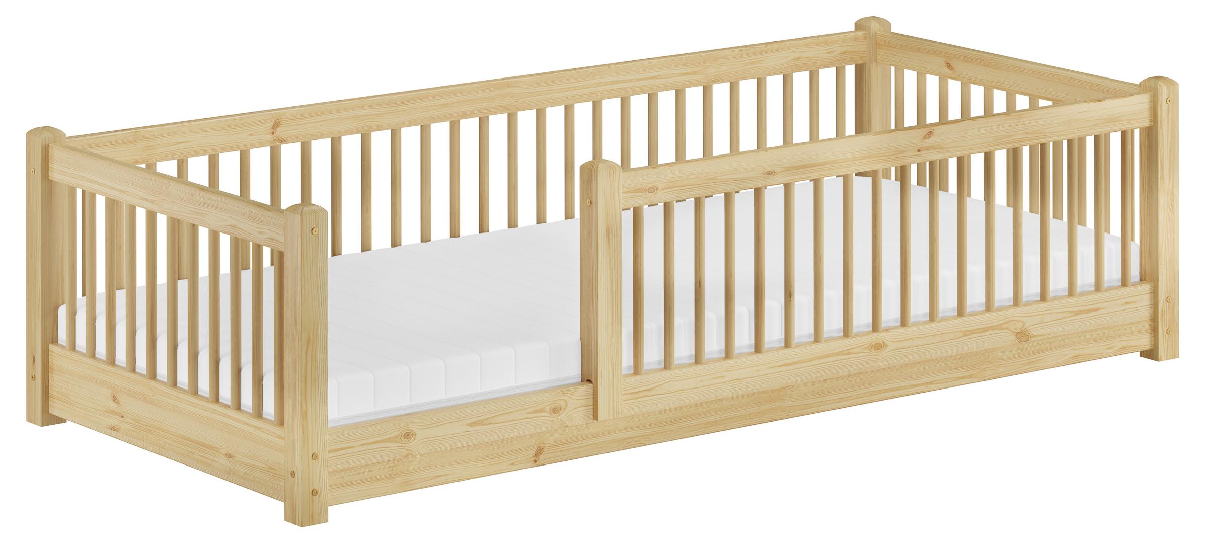 Kinderbett niedriges Bodenbett Kiefer natur 80x180 Kleinkinder Laufstall ähnlich V-60.65-08-180Rollrost und Matratze inkl.