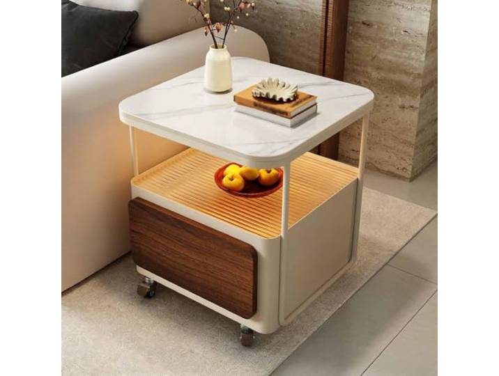 2-Ebenen Beistelltisch mit Steinplatte, Schubladen und Metallgestell Kompakter Beistelltisch Couch mit offenem Stauraum und Schubladen für Sofa, Schlafzimmer und kleine Räume