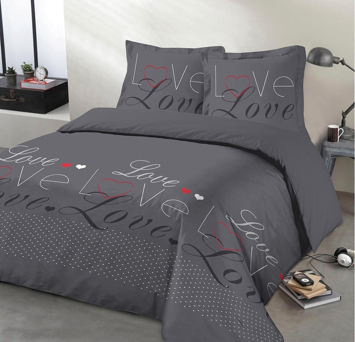 VISION Love dekbedovertrek set van 100% katoen met 2 kussenslopen - Grijs - 200 x 200 cm
