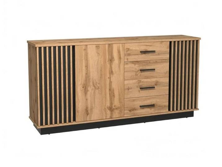 Beautysofa Kommode Lamelo mit 4 Schubladen und 3 Türen (Lamellenfront, Eiche Wotan/Schwarz, modernes Loft-Design), mit dekorativen Lamellen, geräumig
