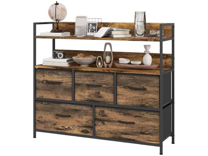 Helloshop26 Kommode, 98 x 29 x 85 cm, 5 faltbare Schubladen, verstellbare Füße, Holzoptik, industriell, rustikal, aus Polyester, Braun, 21_0001600