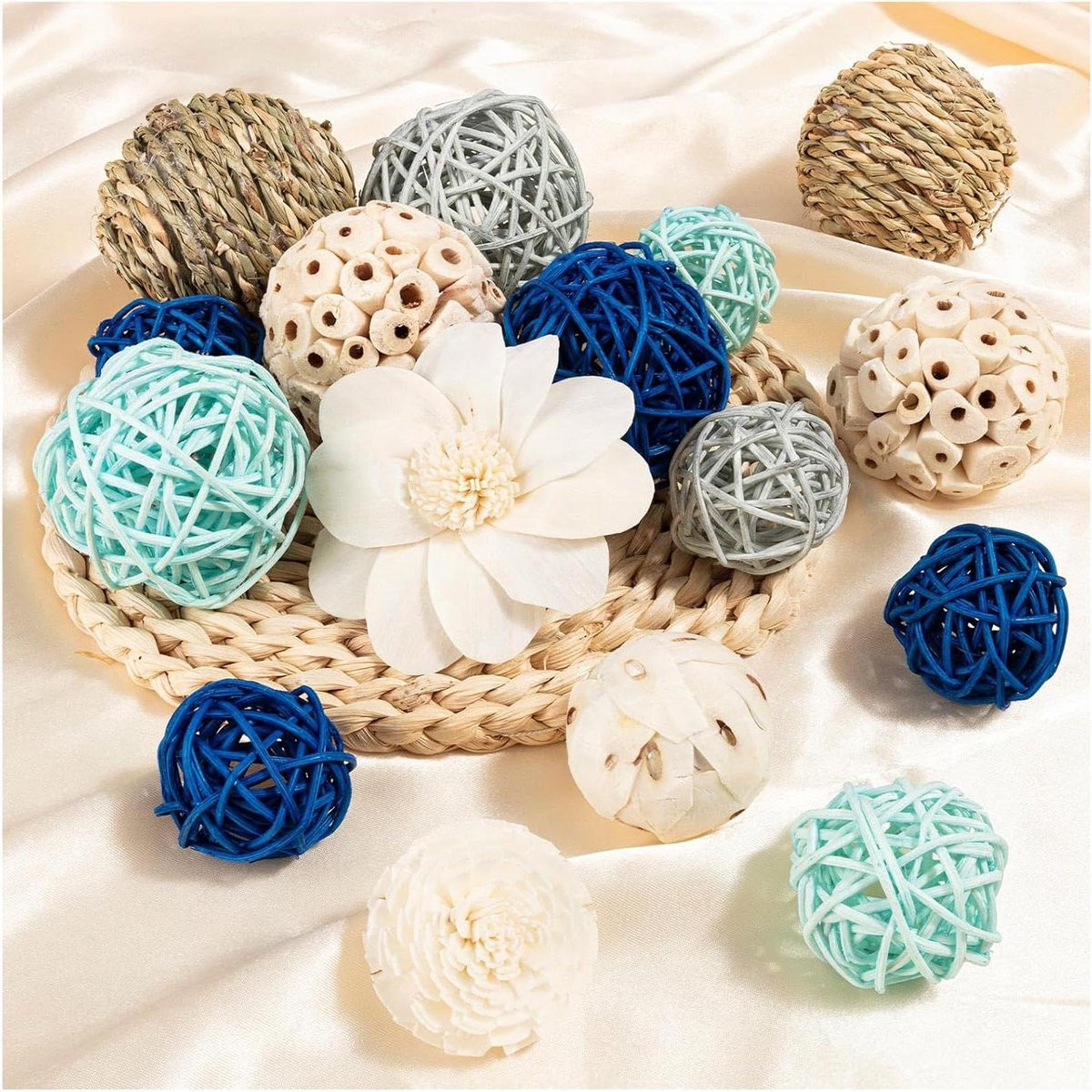 Decoratieve Potpourri Ballen van Geweven Rotan in Blauw - 15 Stuks