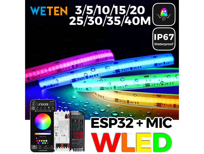 Contrôleur WLED étanche ESP32 RGBIC COB, Kit de bande lumineuse, synchronisation de la musique, fonctionne avec Alexa 24V 5 10 15 20 25 30 40 mètres