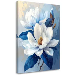 LEINWANDBILD, Weiße Magnolie auf intensiv blauem Hintergrund
