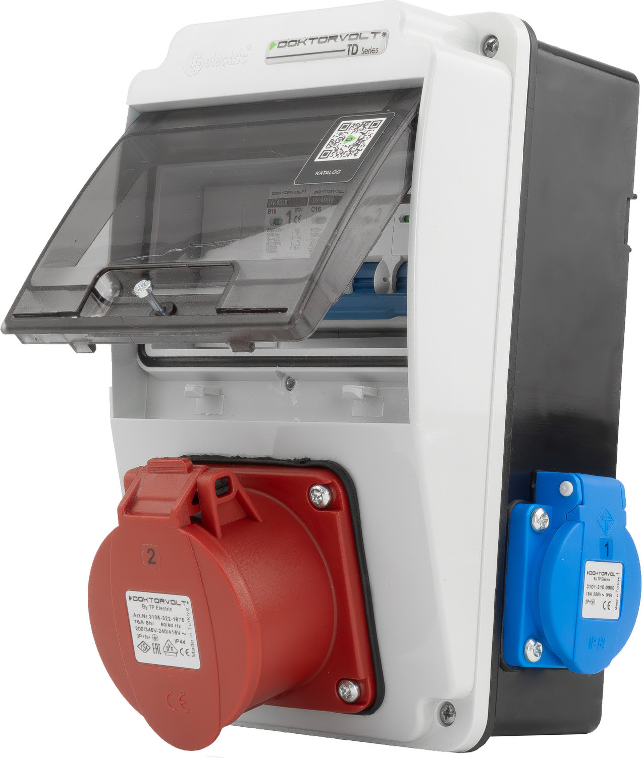 Doktorvolt DV-5107-D Wandcontactdoos XS-S, 16A, 2x230V, IP44, stroomverdeeldoos, compleet aangesloten