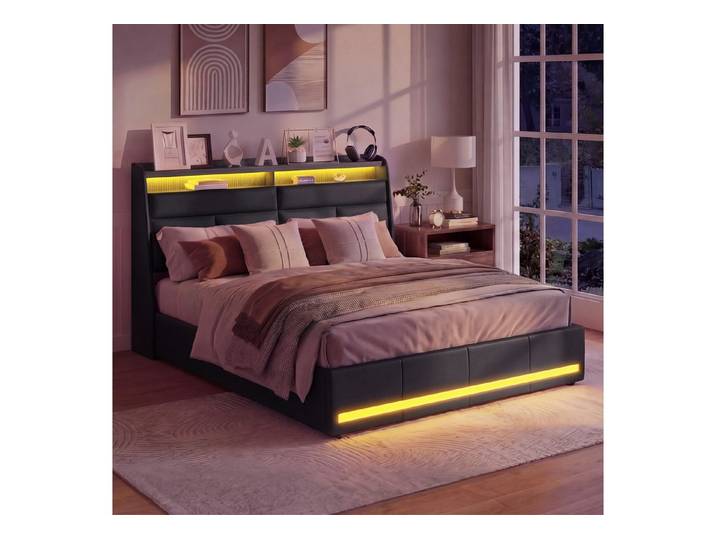 Simurq Polsterbett Polsterbett 160x200 mit Hydraulik‑Stauraum & LED‑Beleuchtung, Hydraulik‑Bettkasten, LED an Kopf‑ und Fußteil, Lederlook‑Bezug