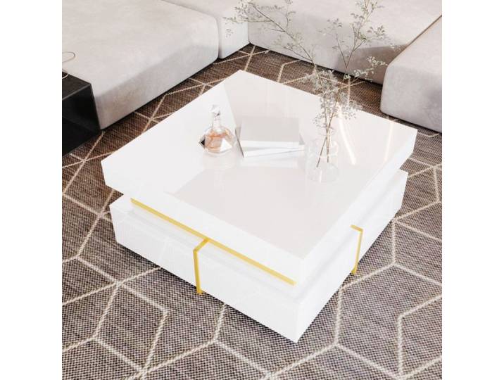 Table basse carrée 70 x 70 cm blanche brillante accents dorés et 2 tiroirs
