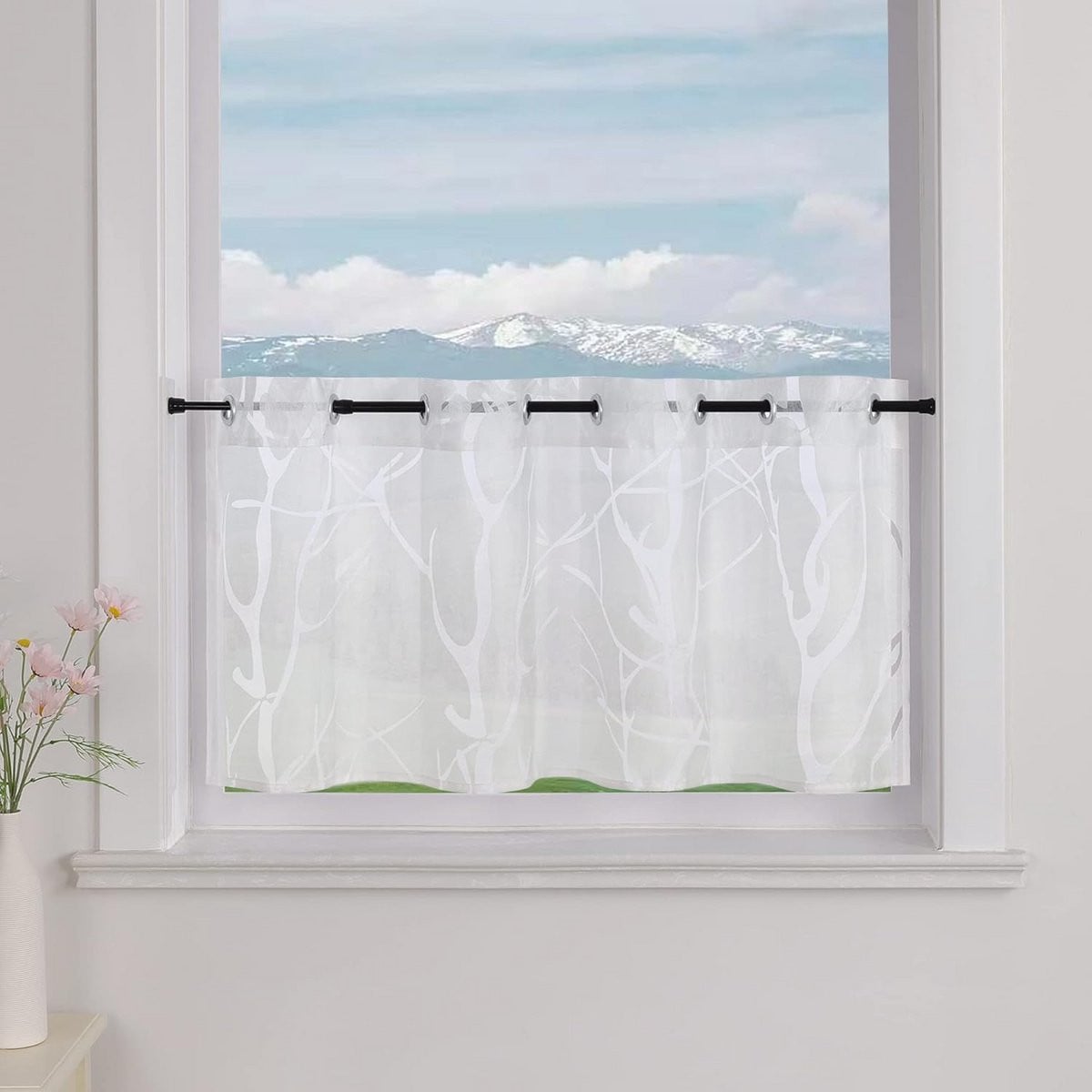 Wit Vitrage Gordijn met Takken Patroon voor Keuken Decoratie - 90 x 60 cm