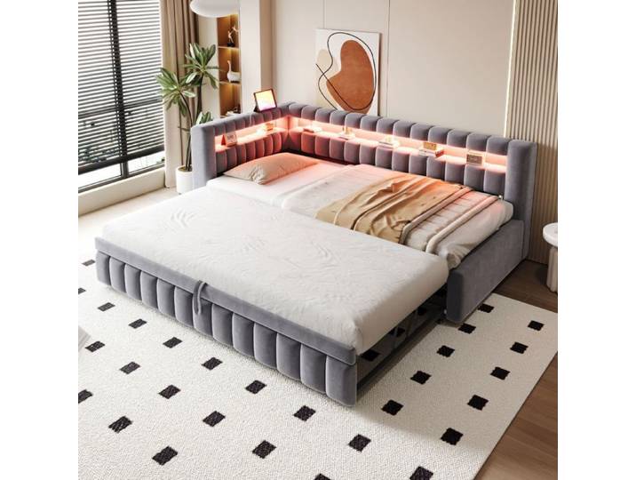 Lit gigogne banquette 90x200cm Velours LED et USB - Lit banquette - Gris avec Dossier de Rangement et Design Élégant