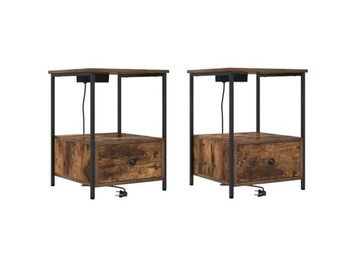 LMTYOENFG Nachttisch 2er Set Beistelltisch mit 2 Schubladen 42x41x56cm Passend fürs Schlafzimmer: Stabile Nachtkommode im geräucherten Eichen-Dekor mit robustem Vierkant-Metallrahmen.
