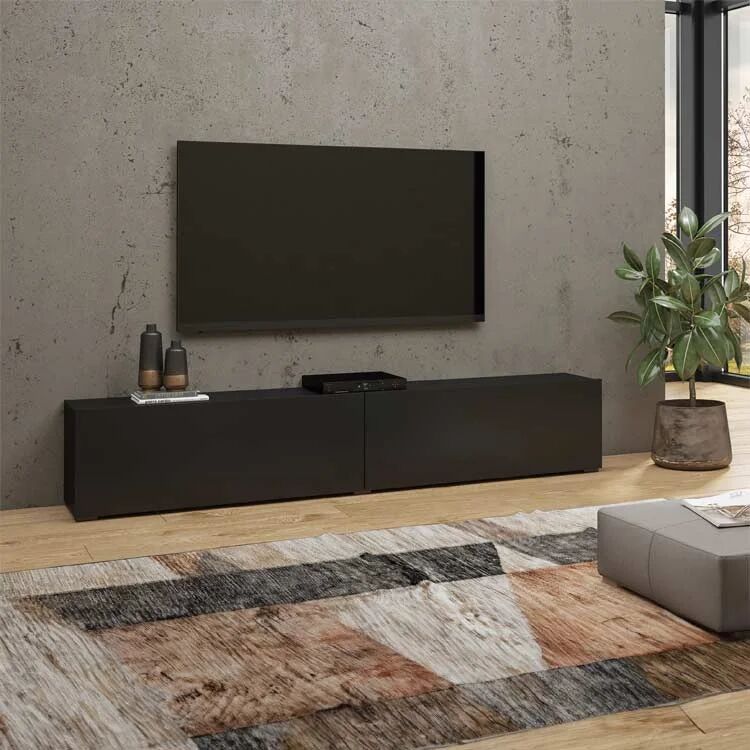 garneroarredamenti Mobile porta TV 180x35h cm moderno nero con 2 ribalte Fusion