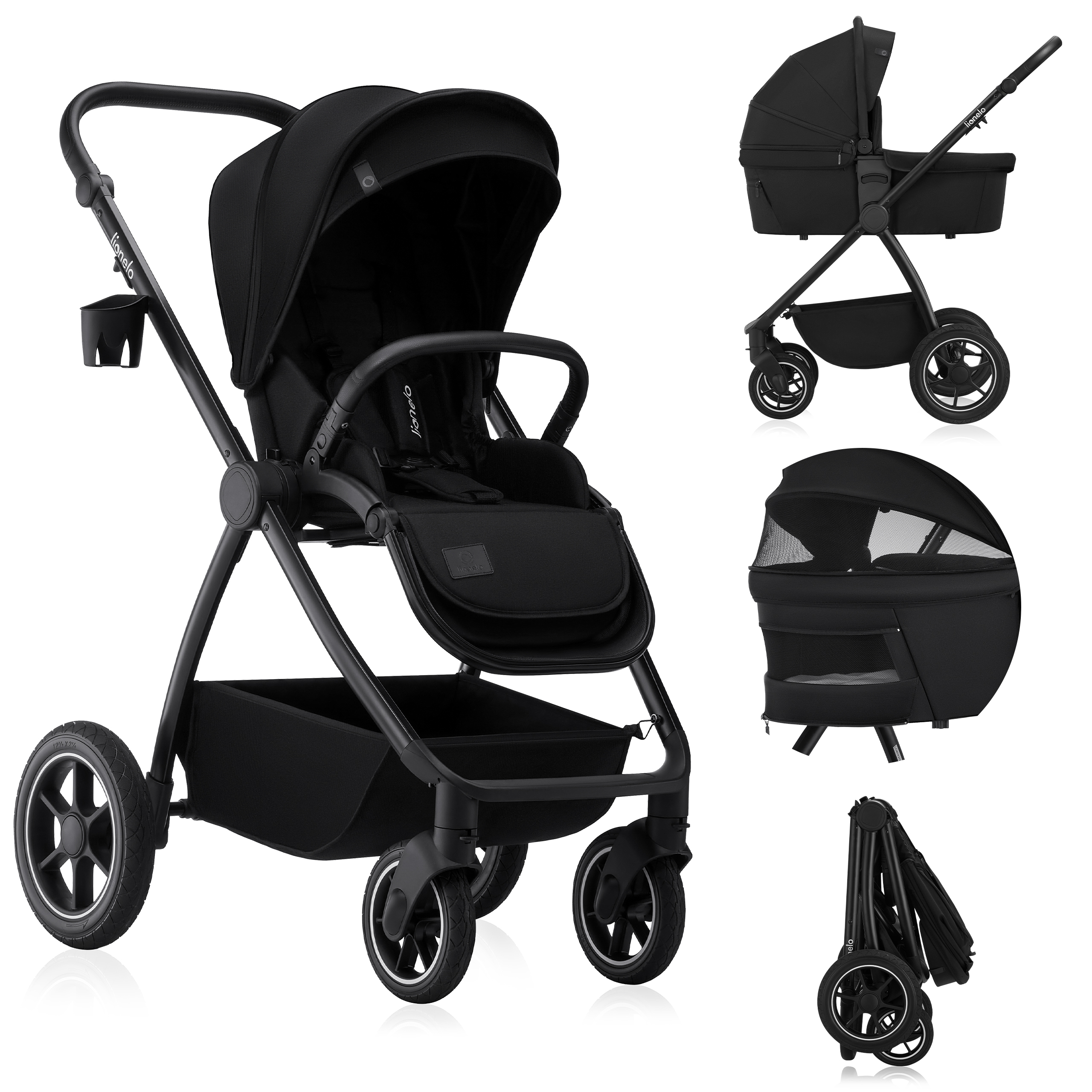 Lionelo Kombikinderwagen Meril 2in1 Babywanne bis zu 9 kg, 0-48 Monate bis zu 22 kg, Geländeräder 360°, Vollfederung, XXL-Verdeck - Black