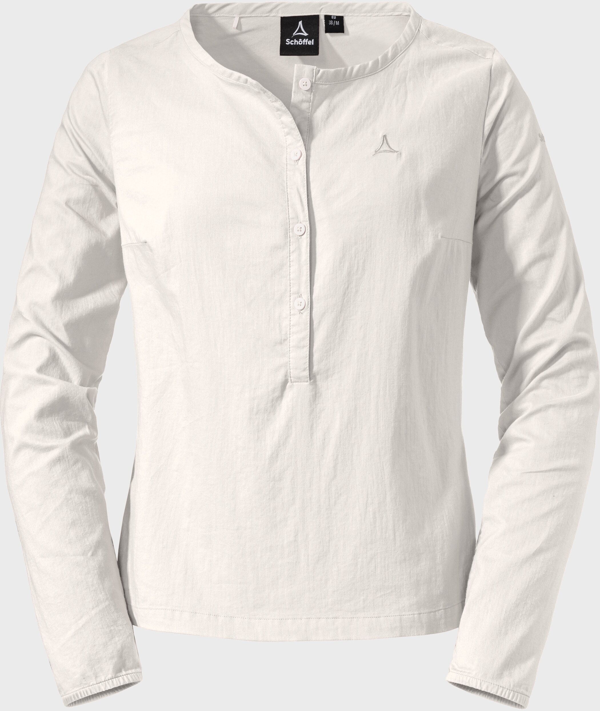 Outdoorbluse SCHÖFFEL "Blouse Catania L", Damen, Gr. 36, weiss (1140, weiß), Oberstoff : 69% Baumwolle 25% Nylon 6% Hanf, bequem, Rundhals, Blusen Outdoorbluse 1140, weiß 36