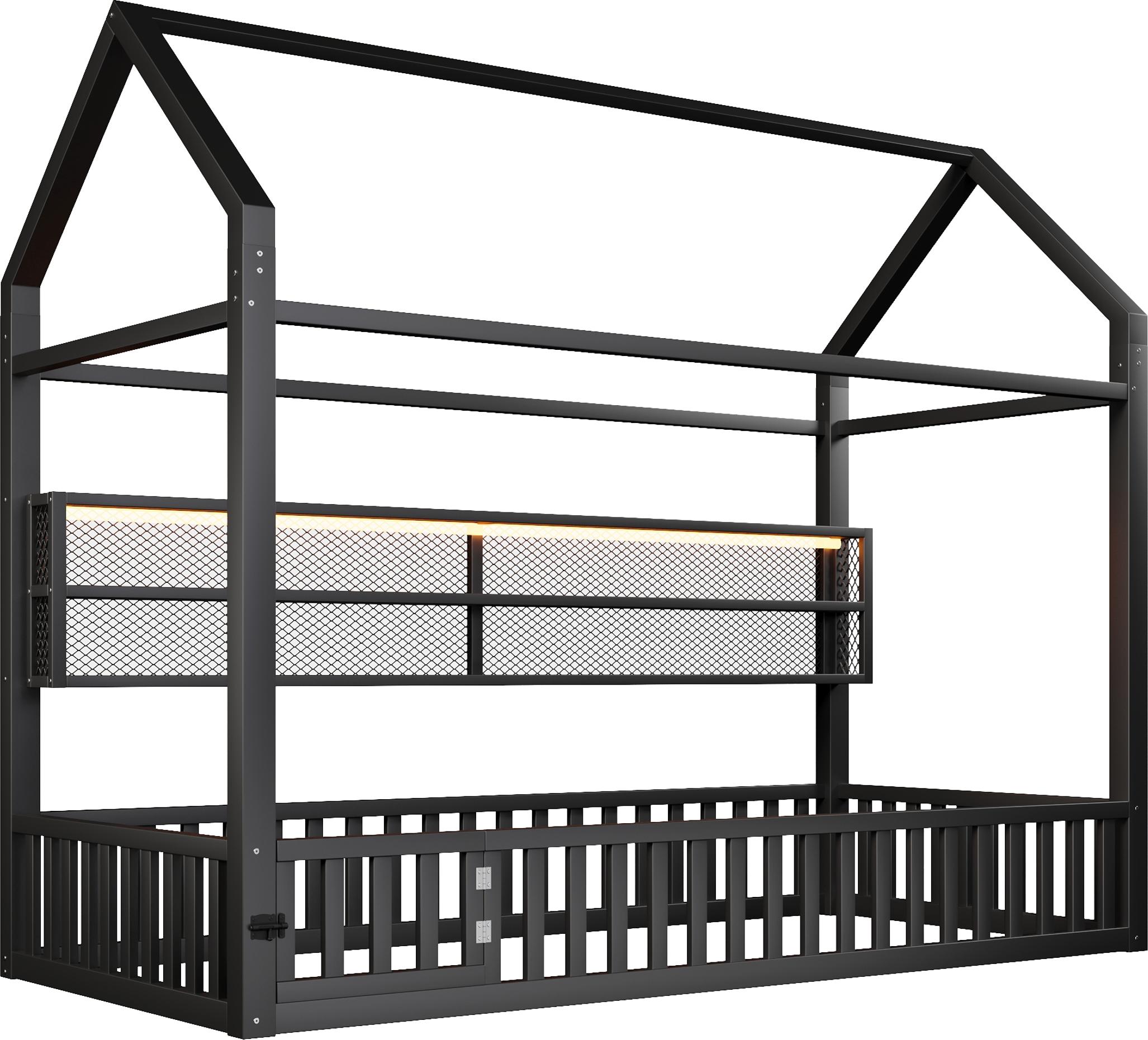 90x200 Hausförmiges Plattformbett mit Zaun und LED-Beleuchtung