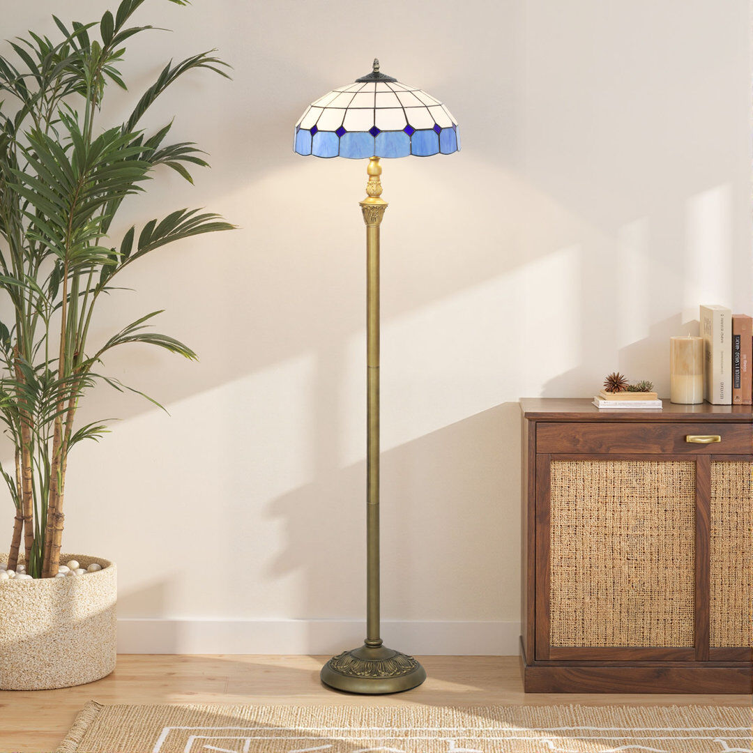 Rosalind Wheeler Lamp with Handcrafted Stained Glass Shade, Vintage Standing Lamp, Blue Blue/White 152cm H X 33.5cm W X 33.5cm D