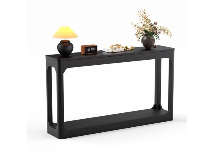 Console noire 140 cm avec étagère double niveau meuble rangement MDF pour entrée couloir FOLYNA