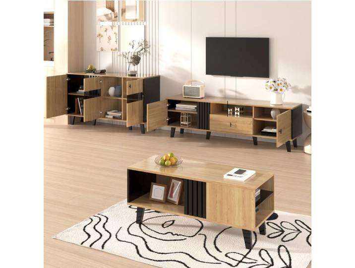 ULEVR Ensemble meubles de salon 3 pièces noir et bois avec table basse meuble TV 170 cm et buffet LED