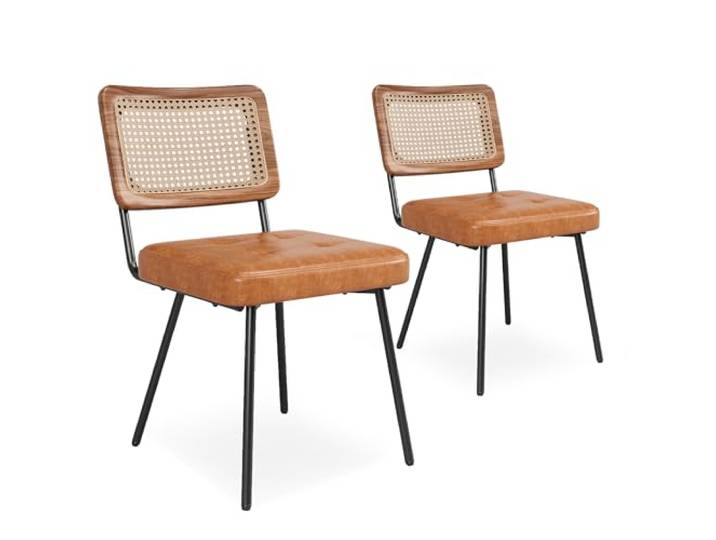 SEEDWAVE Esszimmerstühle 2er Set, Küchenstuhl im Retro-Industrie-Stil, Polsterstuhl aus PU-Leder, Rattan-Rückenlehne, Metallbeine mit verstellbaren Füßen (Braun)