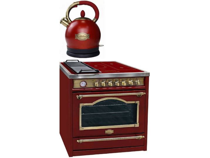 Kaiser Küchengeräte Induktions-Standherd Range Coocker 90cm, Elektro Standherd 90 cm+ Retro Wasserkocher HC 93655 IRotEm+WK 2000 RotEm., mit 1-fach-Teleskopauszug