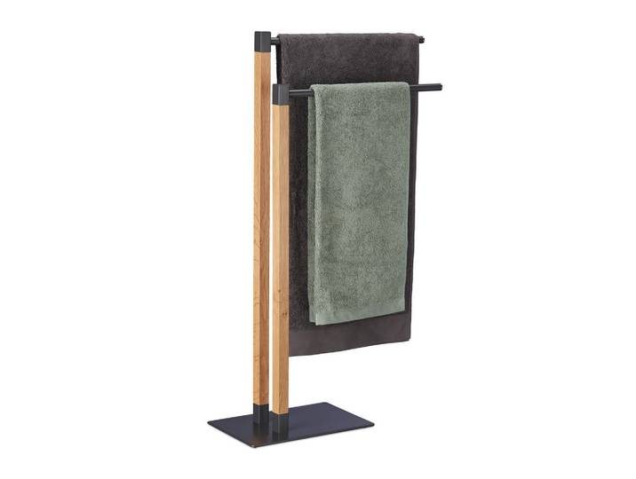 Relaxdays Handtuchhalter Anthrazit Natur freistehend 2-armig, Mehrfarbig, Holz, Metall, 51.5x83.5x20 cm, Badezimmer, Badezimmerausstattung, Handtuchhalter