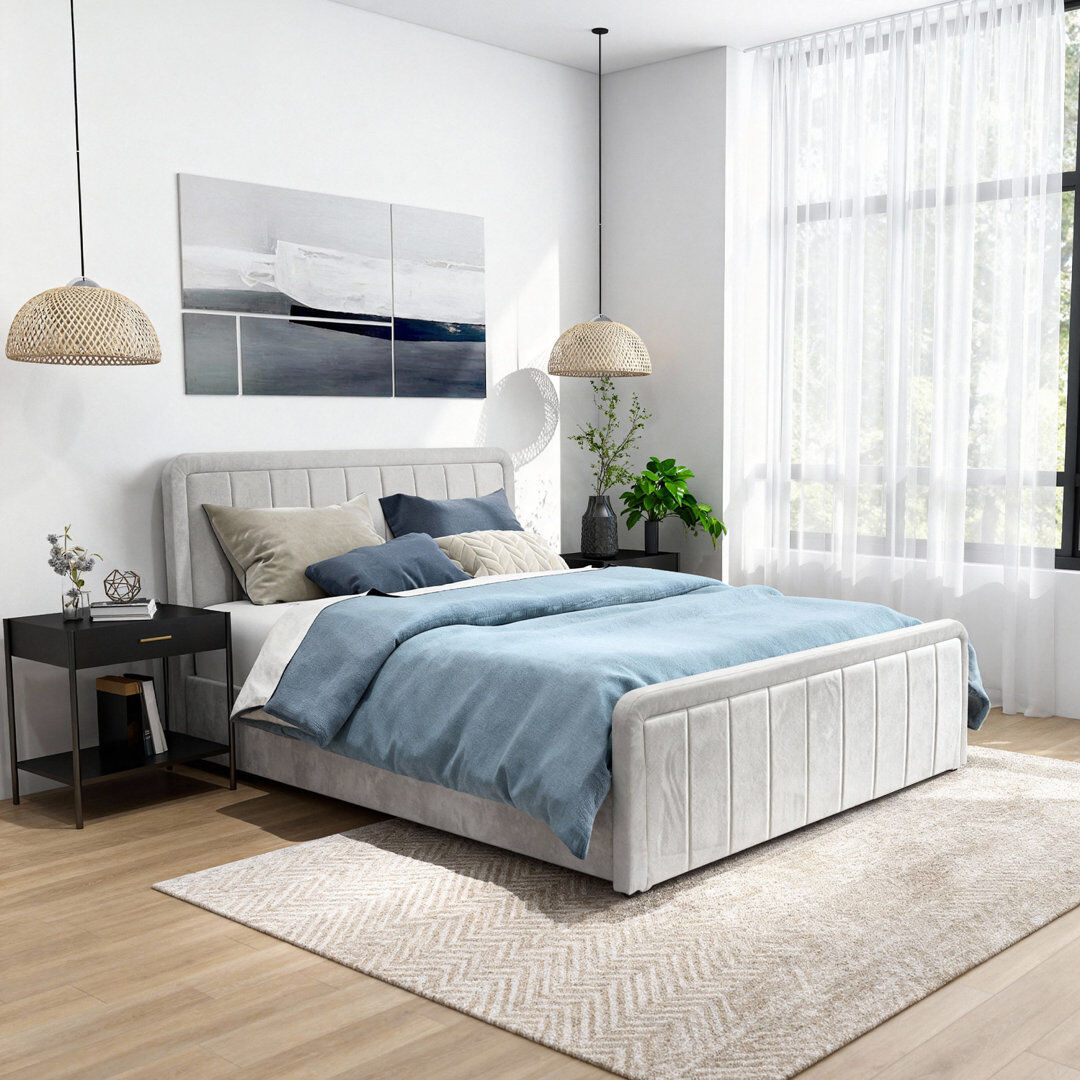 Wade Logan Altgeld Upholstered Velvet Lift Up Storage Bed Cream Double (4'6)