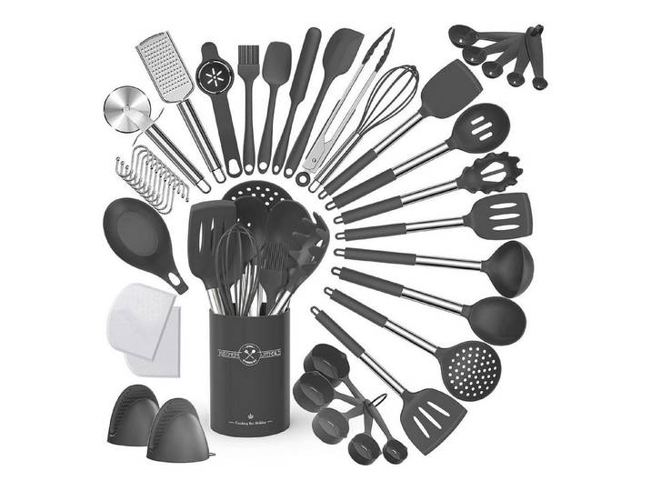 Terlulu Kochbesteck-Set 34-teiliges Silikon Kochbesteck Set mit Utensilienhalter, Antihaft