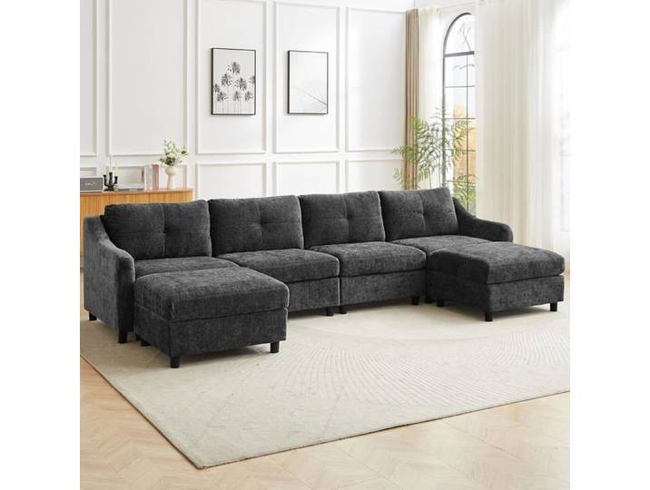 JIEXI Canapé d'angle convertible Canapé en velours côtelé canapé-lit 251 cm (Gris 4 sièges + 2 tabouret)
