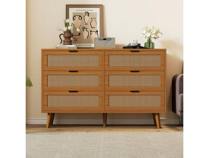 Commode - Noyer - 6 tiroirs - Design rétro - Montage facile
