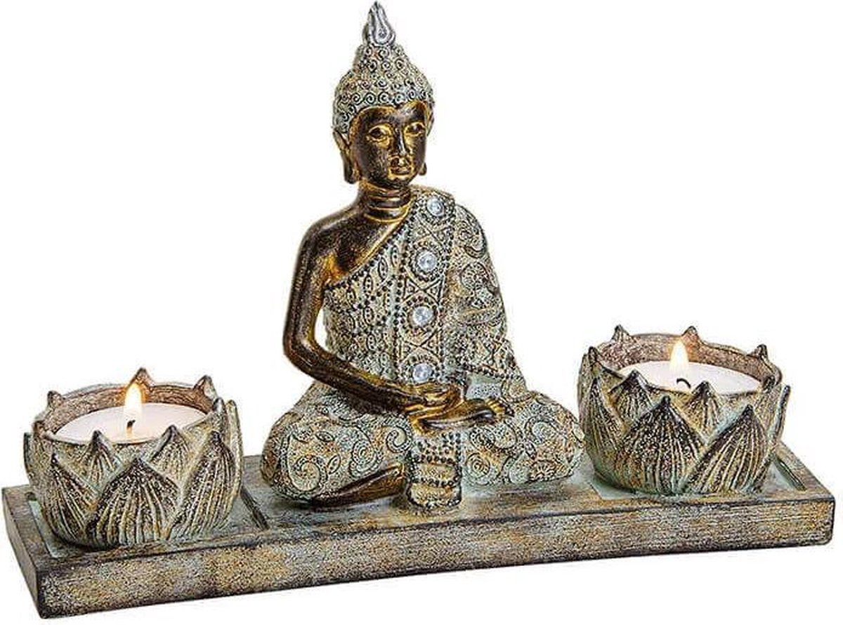 G.Wurm Buddha beeld met lotusbloem theelichthouder - Set van twee waxinelichtjeshouders